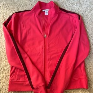 Athleta Coral Pink Full-Zip Athletic Bomber Jacket with Maroon Stripe